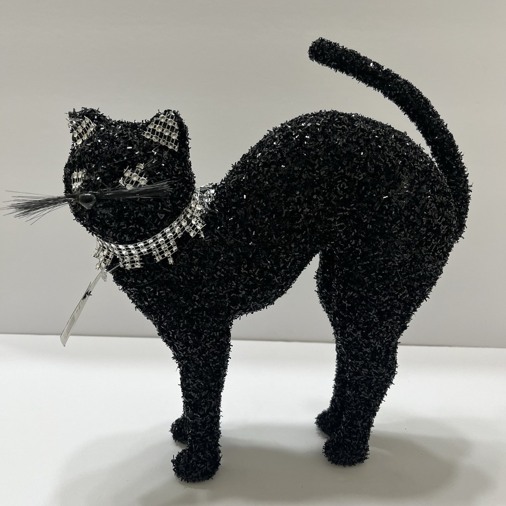 Halloween Black Table Cat Sparkly Black Tinsel Rhinestone Collar Eyes Ears 12"